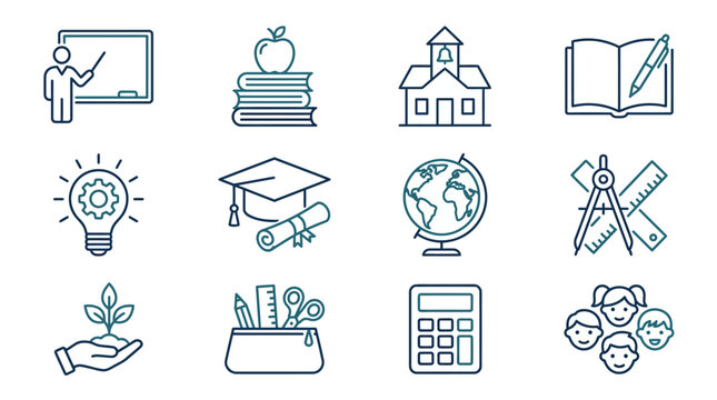 Educational icons representing learning tools and concepts