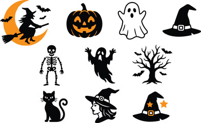 Fototapeta premium Halloween Silhouettes Witch Pumpkin Ghost Skeleton And Other Elements