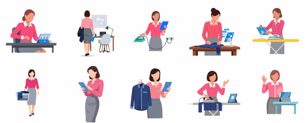 Fototapeta premium Set of Illustrations Featuring a Businesswoman Multitasking and Balancing Career with Household Chores
