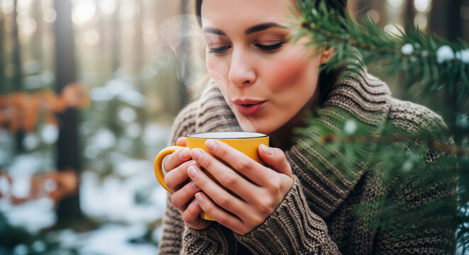 Woman holding hot mug in snowy winter forest perfect for creative outdoor comfort and professional cozy lifestyle concepts