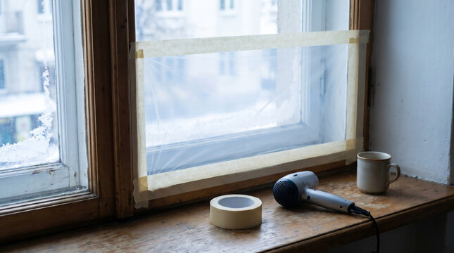 Apartment window insulation film setup with taped edge and weatherization tools
