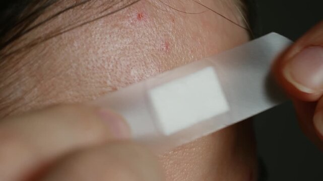 Close up person applying sterile adhesive plaster to fresh wound on their forehead, covering injury for protection and healing in first aid medical concept. Applying adhesive on forehead wound
