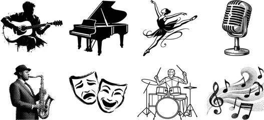 Black and white performing arts and music icon set featuring a guitarist, piano, ballet dancer, microphone, saxophone, theater masks, and drums. © Bulbuli