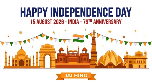 Happy independence day india 15 august 2026 79th anniversary celebration with famous indian monuments and national flag