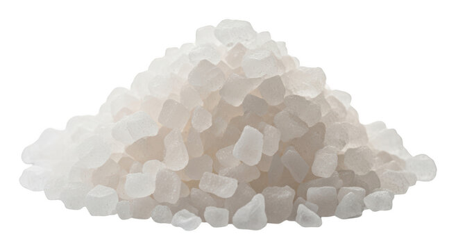 Pure white coarse sea salt crystals piled into a heap with sharp textured grains isolated transparent background image