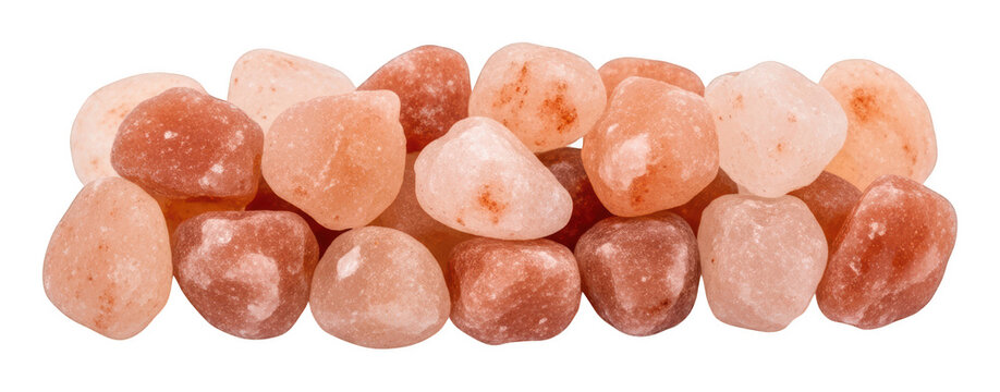 Natural smooth pink Himalayan rock salt crystals in a horizontal row isolated transparent background image