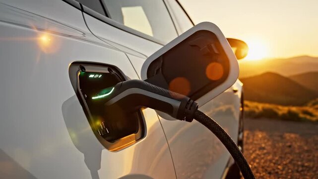 Sustainable Energy Future: Close-up of a hand connecting a power cable to a white electric vehicle at sunset, ideal for green energy concepts and eco-friendly transportation marketing.