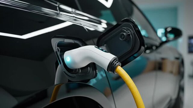 Sustainable Future: Close-up of a White Electric Vehicle Charger with Yellow Cable Plugged into a Sleek Black Car, Ideal for Green Energy and Automotive Technology Content.