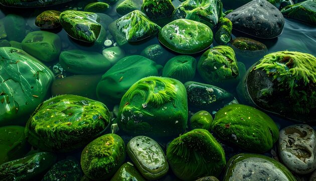 Green and black stones covered in moss, submerged in water
