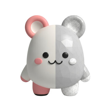 3D animated cute cartoon mouse character with half-finished polygonal wireframe model on a clean white background