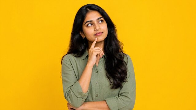 Thoughtful Young Indian Woman Pondering with Idea and Looking Up on Yellow Background