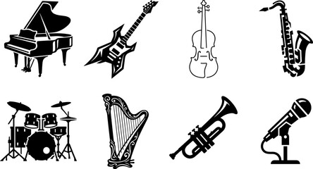 Musical instruments vector silhouette icon set featuring grand piano electric guitar violin saxophone drum kit harp trumpet and microphone © Bulbuli
