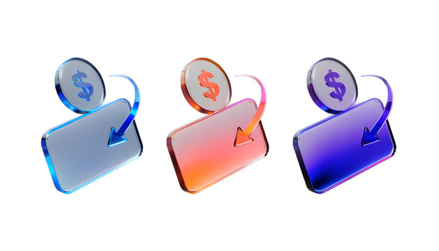 3d cashback icon set with credit cards and dollar coins, money refund and financial transaction concept