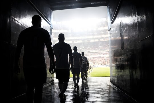 Professional soccer players walking through the tunnel towards a bright illuminated stadium field to compete in a major international championship match during the evening light