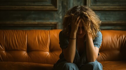 Obraz premium Anxiety, crying, depressed, despair, difficulty, exhaustion, grief, help, illness, migraine. A woman is sitting on a couch with her head in her hands. She is upset or distressed.