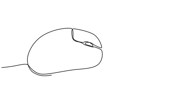 Self animated continuous one line drawing of computer mouse. Full length one line 4k animation video,  Computer optical mouse tool one line art animation, hand drawn input office device, idea laptop.