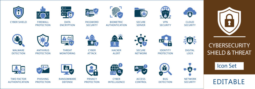 Cybersecurity and data protection icon set. Features cyber shield, firewall protection, malware detection, hacker alert, cloud security, and network safety vector icons.