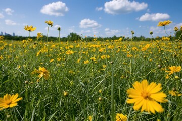 Fototapeta premium Bright yellow flowers bloom in a large field under a clear blue sky in a sunny afternoon setting