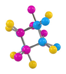Obraz premium Vibrant glossy 3D ball and stick molecular structure with pink blue yellow atoms isolated transparent background image