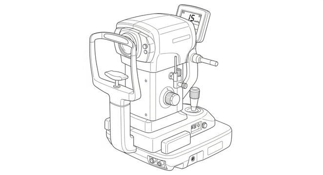 An illustration of a machine with a monitor and control panel on a table indoors.