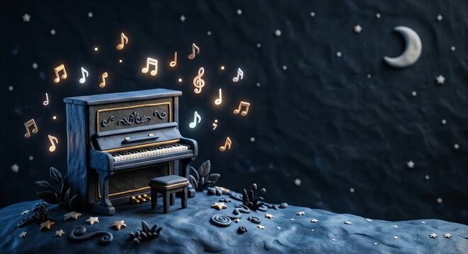 3D clay illustration of miniature piano with glowing musical notes under starry night sky with copy space