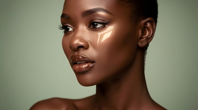 Woman with dark skin tone showcases a glowing highlight on her cheekbone for beauty.