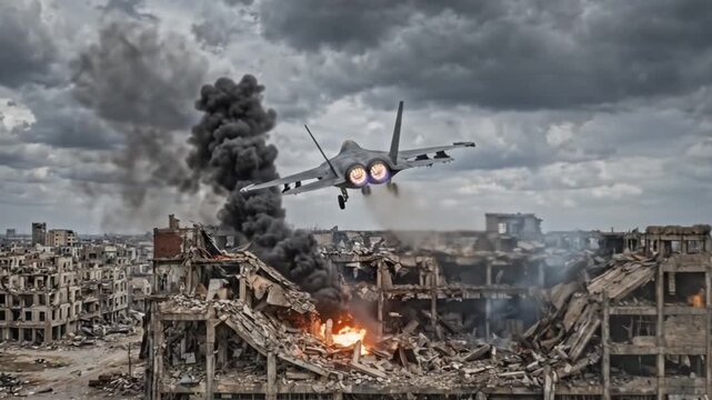 Fighter jet flies over a devastated urban battlefield with smoke, fire, and destroyed buildings, illustrating the destructive impact of armed conflict and warfare