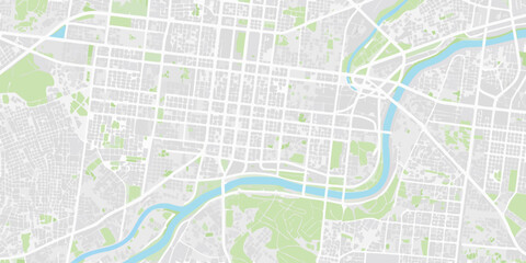 City map illustration with green spaces and a winding blue river flat vector style aerial © Mitali