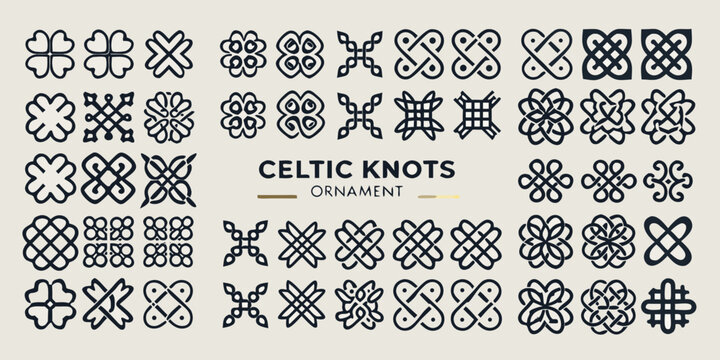 Collection Of Twenty four Celtic Knot Ornaments Black Line Art On Beige Background knots knotwork