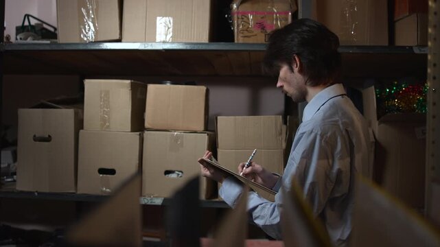 Man carrying a cardboard box through a dim storage room with metal shelves and stacked packages