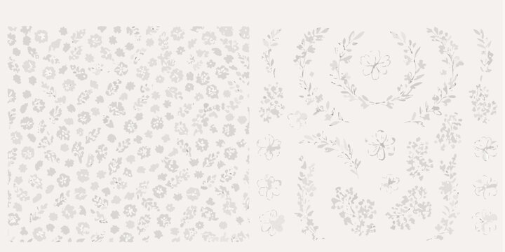 Gray floral ornament vector illustration with repeating pattern and delicate botanical elements flower blossom bloom