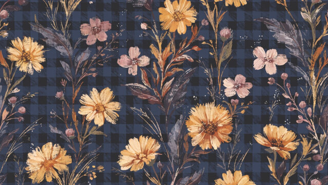 Seamless floral pattern with golden yellow daisies and muted blush flowers on a deep navy gingham  vector background