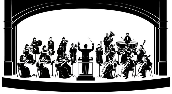 Symphony orchestra performing on stage with a lead conductor