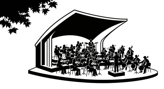 Symphony orchestra performing on an outdoor bandshell stage