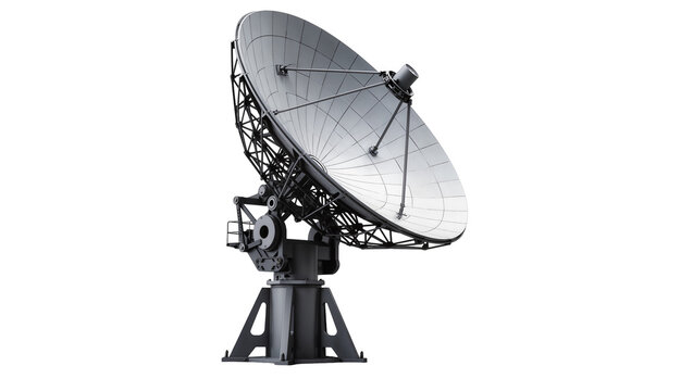 Large metallic satellite dish antenna with complex metal structure, isolated on transparent background