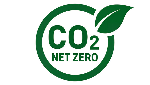 Green CO2 Net Zero circular logo with leaf, isolated on transparent background