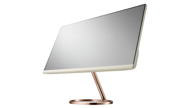 Modern rose gold computer monitor with sleek metallic stand, isolated on transparent background