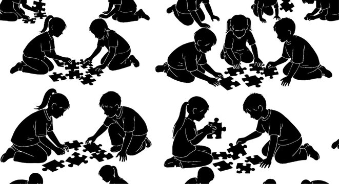 Silhouette of Children Playing with Puzzle Pieces Pattern.