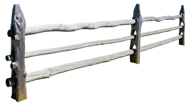 Rustic wooden split rail fence with three horizontal bars, isolated on transparent background