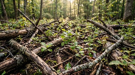 Obraz premium Life and decay on the mossy, wooded forest floor.