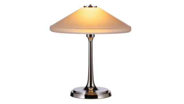 Modern chrome table lamp with frosted glass shade emitting warm light, isolated on transparent background