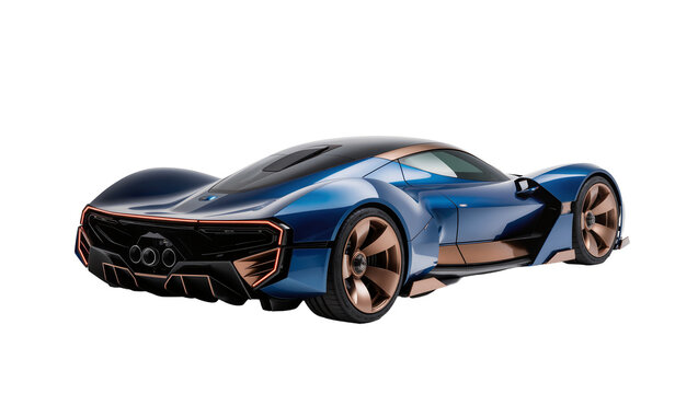 Sleek blue futuristic concept sports car with copper accents, isolated on transparent background