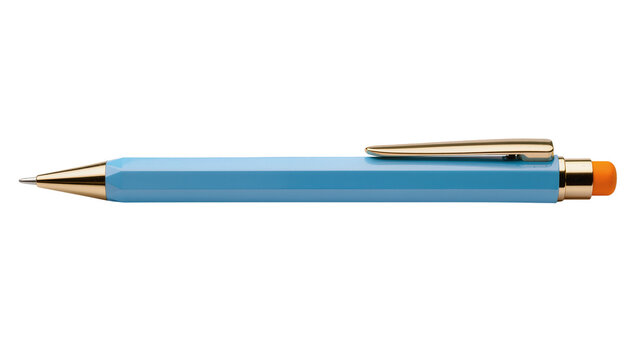 Light blue hexagonal mechanical pencil with gold accents, isolated on transparent background