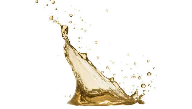 Golden liquid splash with droplets, isolated on transparent background