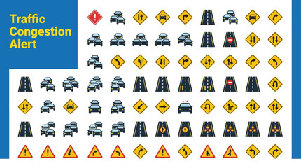 Fototapeta premium Traffic Congestion Alert Icons A Comprehensive Set of Road Signage and Vehicle Symbols for Navigation and Safety