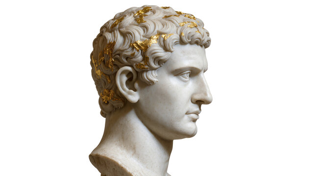 Marble bust of a Roman emperor with gold laurel wreath, isolated on transparent background