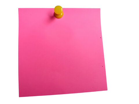 Pink sticky note with yellow pushpin isolated on transparent background