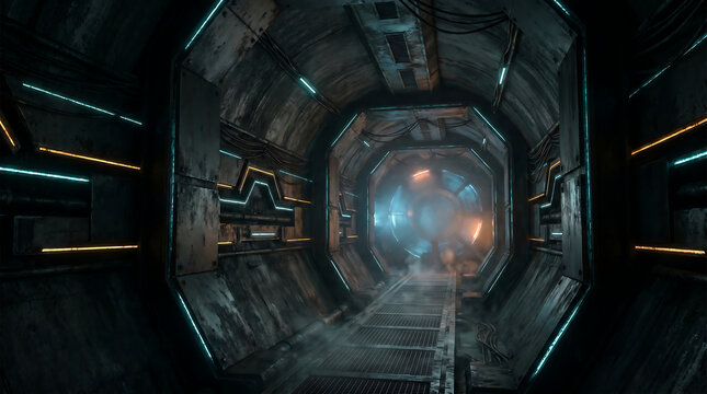 Symmetrical sci-fi industrial hallway with worn octagonal structure and complementary blue and orange neon lighting