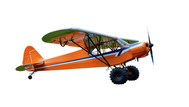 Orange high-wing bush plane with large tires, isolated on transparent background