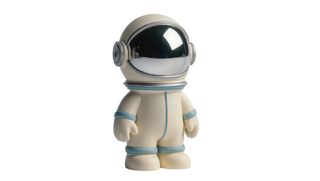 Cream colored astronaut toy with blue accents, isolated on transparent background
